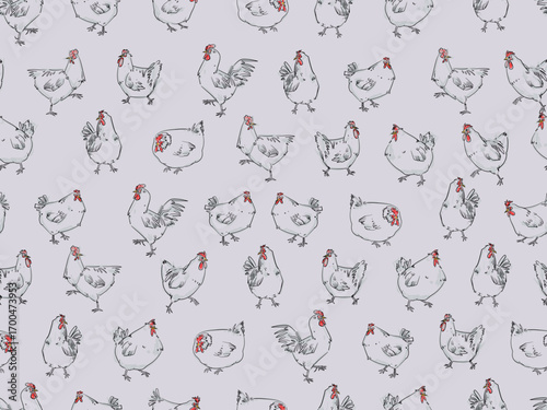 Cute sketch chicken, hen, rooster seamless pattern hand drawn vector illustration background. Design for greeting cards,wallpaper, textile and banner.