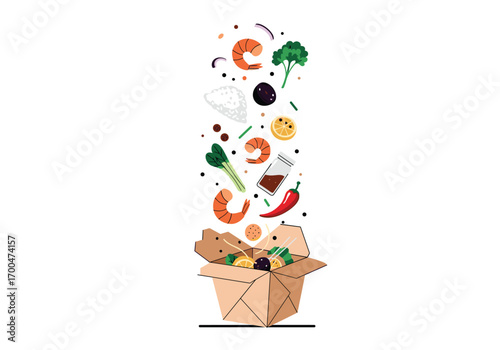 Ingredients for a healthy meal flying out of an open cardboard box