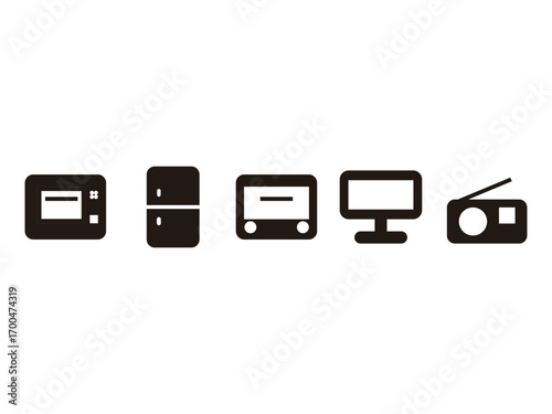 冷蔵庫、電子レンジ、トースター、テレビ、ラジオのアイコンのセット