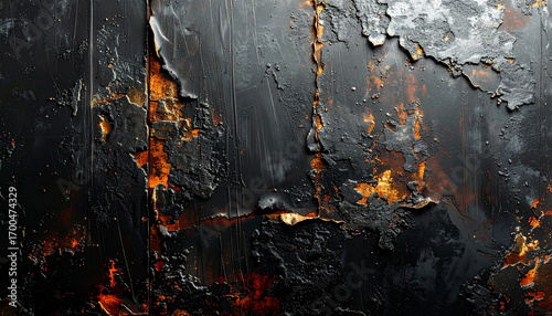 傷と擦れが刻まれたダークメタルの質感背景 – Dark Scratched Metal Surface with Distressed Edges High Contrast Texture