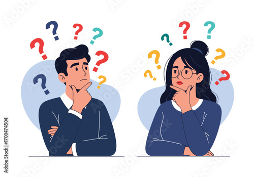 People lost in thought surrounded by many question marks experiencing confusion