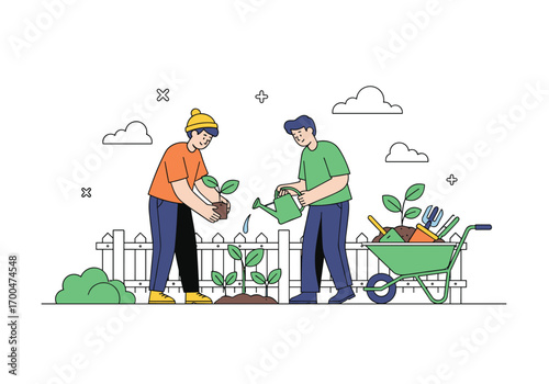 Two people planting new green sprouts in a garden watering seedlings with a wheelbarrow full of tools and plants