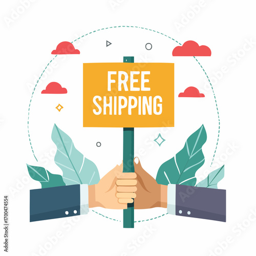 Two Hands Holding Free Shipping Sign With Leaves And Clouds