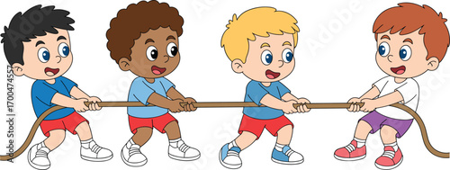 Group of diverse happy boys playing tug of war, teamwork, pulling rope, outdoor fun, competition, childhood game, cartoon illustration