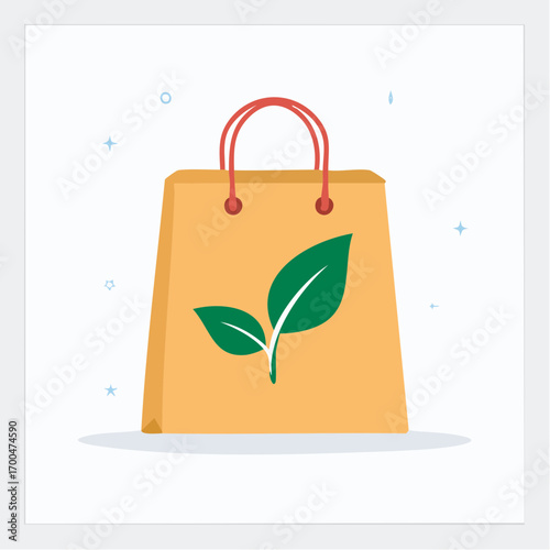 Brown Paper Shopping Bag With Green Leaf Logo On White Background