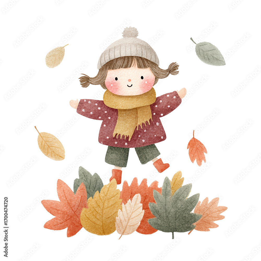 Fotografie Adorable Girl Jumping in Autumn Leaves Watercolor Illustration.