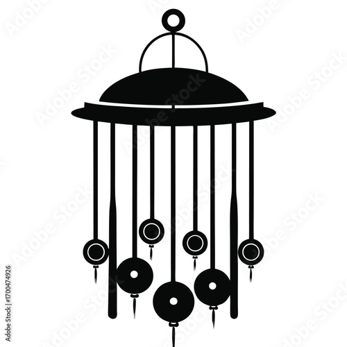 Minimalist Black Silhouette of Wind Chime with Circular Accents and Decorative Strings Hanging Down