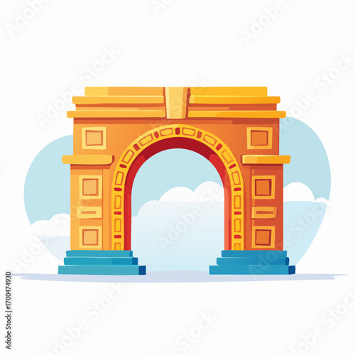 Grand Orange Archway with Blue Steps Under Pale Sky