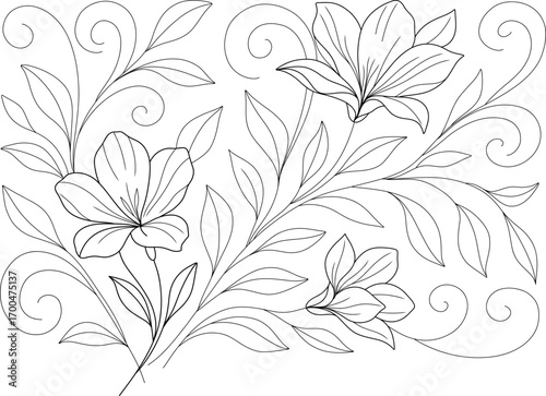 seamless floral background. Black and white vector illustration of lilies and leaves in a seamless floral pattern. Elegant line art with clean outlines, perfect for coloring pages, textile designs