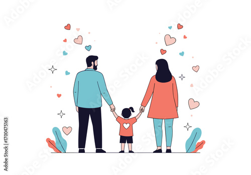 A loving family holding hands with hearts floating around them