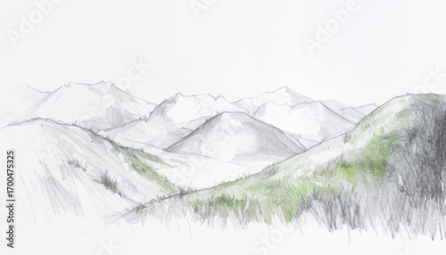 Mountainous landscape with soft greenery. Hillside view with distant mountain range. Serene mountain scene. Scenic view of mountains with green accents. Mountain range and rolling hills in sketch.
