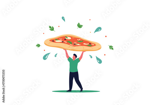 Man proudly holding up a large delicious pizza above his head enjoying the meal