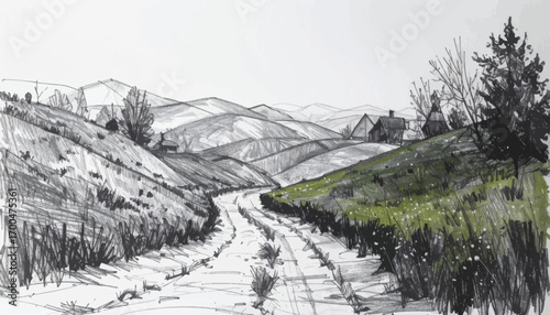 Serene rural road in mountain landscape. Beautiful countryside view with rolling hills. Scenic mountain road, peaceful nature vibes. Rural road in green hillside, tranquil scene