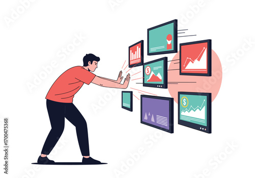 Man interacting with multiple digital displays showing data graphs and charts