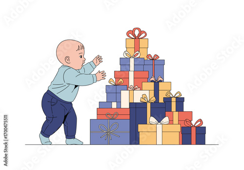 Curious baby reaching for a tall stack of brightly wrapped gifts