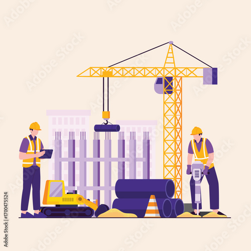 A dynamic construction site in action with builders, a tower crane, and heavy machinery, illustrating the process of urban development and teamwork