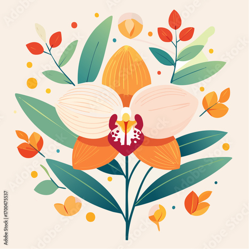 Orange And Pink Moth Orchid Flower With Green And Orange Leaves On Beige Background