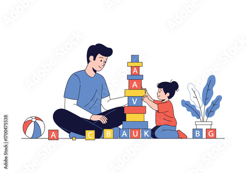 Father and son building a tower together with alphabet blocks fun learning activity