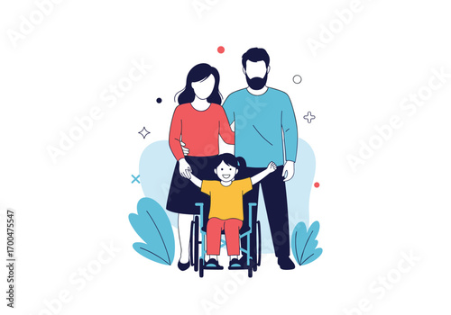 Diverse family embraces inclusion supporting child with special needs in wheelchair outdoors
