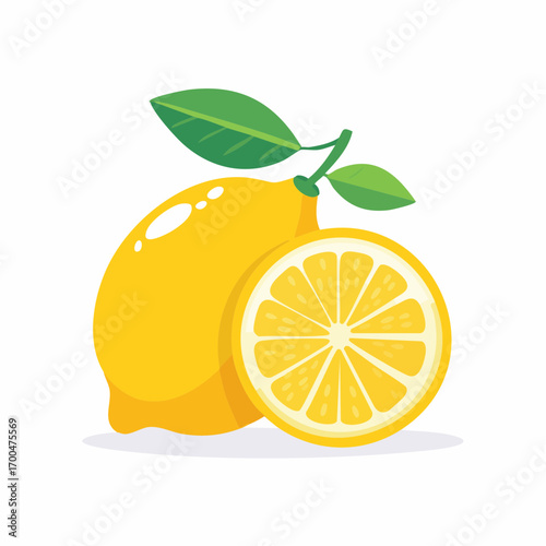 Ripe Yellow Lemon With Green Leaves and Cross Section