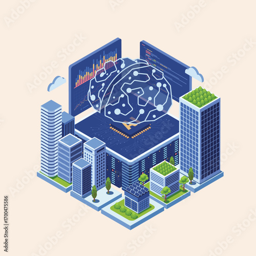 Futuristic smart city concept with a digital brain representing artificial intelligence and big data analysis for urban infrastructure
