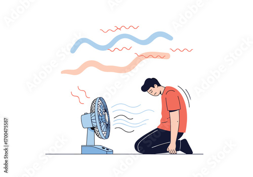Man feeling overheated sitting in front of electric fan during hot weather season illustration