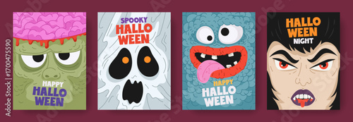 Cartoon colorful cards or posters set of Halloween with faces of monster characters. Hand drawn heads of zombie, ghost, crazy monster, vampire. Holiday design for print, invitation, flyer, banner