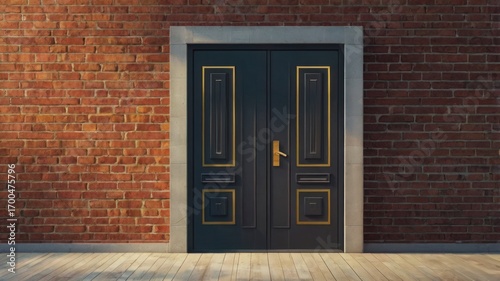 Sunlit Elegance: Ornate Black Double Doors with Gold Trim on a Red Brick Facade