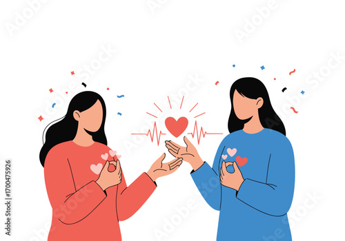 Two women extending hands sharing love and heart symbol with health heartbeat graphic