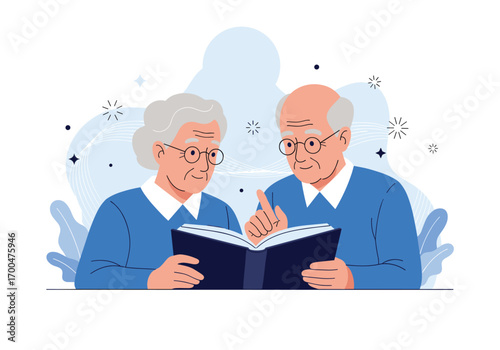 An elderly couple reading a book together with joy and engagement