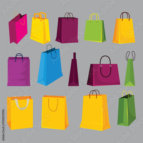 Paper shopping bag set. Isolated blank bags with handle icons. Retail sale, gift package vector illustration