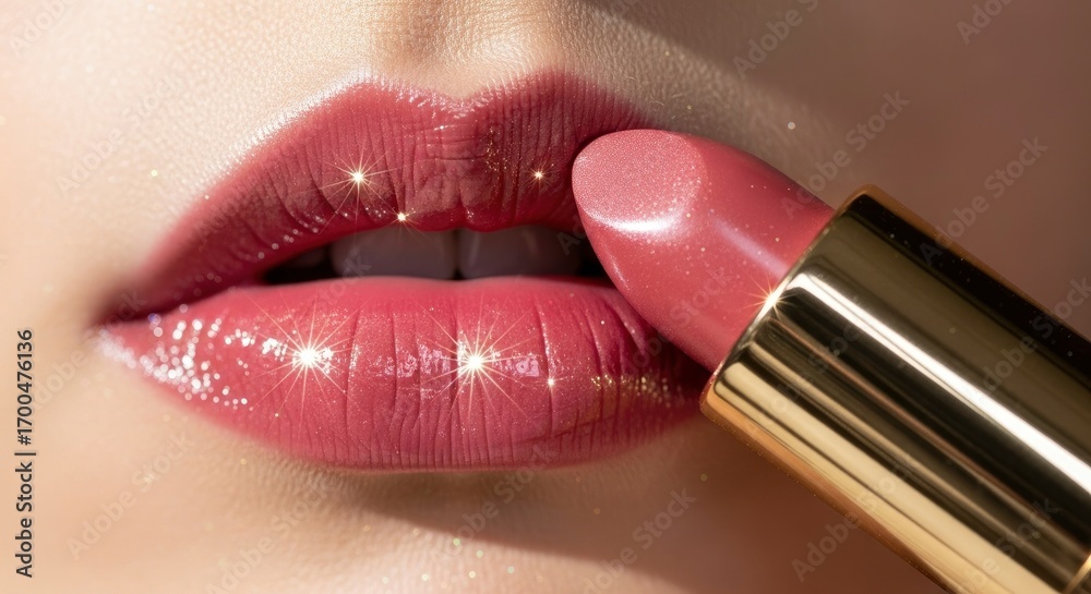 Obraz premium Close-up of glossy, glittery lips applying pinkish-red lipstick, highlighting beauty and glamour.