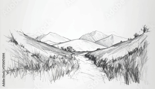 Scenic mountain path leading through hills. Beautiful sketch of mountainous terrain. Tranquil valley path with distant mountains. Serene trail winding through mountain landscape. Path through hills
