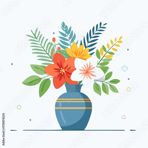 Colorful Tropical Flower Bouquet in Blue Vase