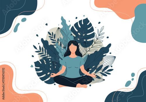 Woman meditating serene calmness surrounded by lush greenery peaceful mindful relaxation