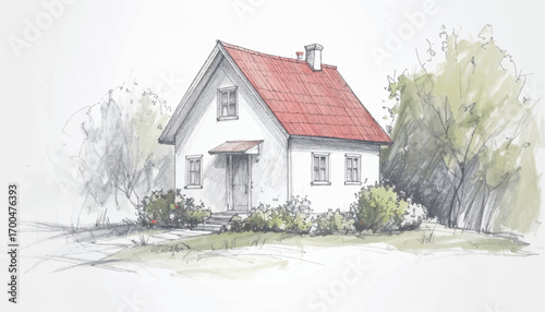 Artistic home with roof and garden. Classic house with charming red roof and flowers. home with floral garden, chimney. Beautiful house with traditional design elements. Cozy rural home with artistic