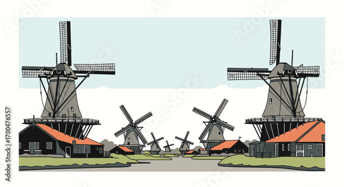 Classic Dutch Windmills in Picturesque Landscape