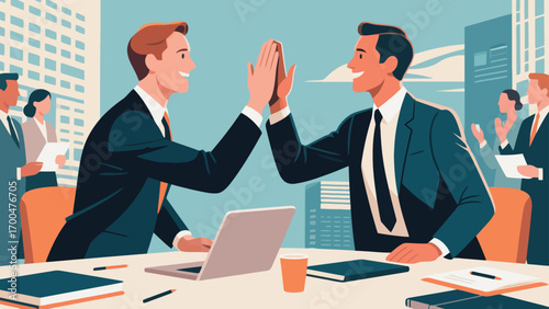 Business figures encourage each other, happily high-five, hand-drawn vector illustrations