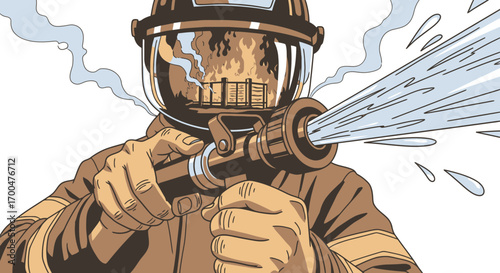 Brave Firefighter Battling Fierce Blaze with Water Hose