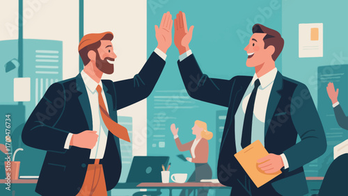 Business figures encourage each other, happily high-five, hand-drawn vector illustrations