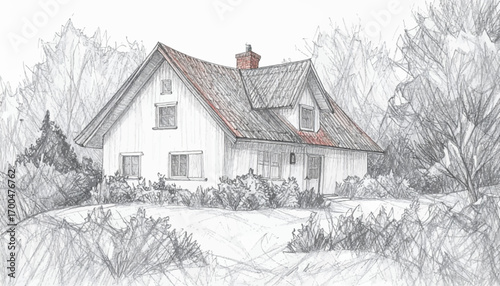 Classic house, tiled roof and garden. Traditional home, lush garden area. Beautiful rural home surrounded by nature. Elegant house with greenery and foliage. Cozy house with red tiled roofing, nature