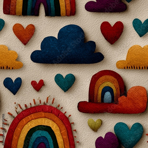 Rainbow arches clouds and hearts in textured repeating design