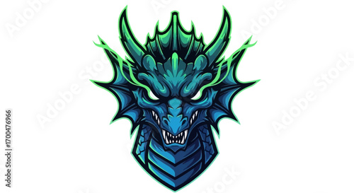 A green dragon head mascot with yellow eyes and sharp teeth against a black background with swirling green smoke.