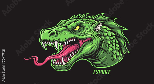 A green dragon head mascot with yellow eyes and sharp teeth against a black background with swirling green smoke.