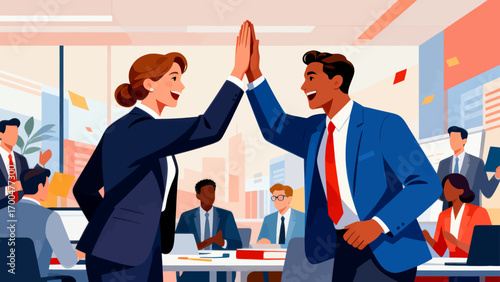 Business figures encourage each other, happily high-five, hand-drawn vector illustrations