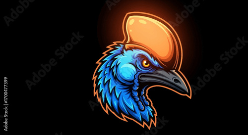 A vibrant blue cartoon bird head mascot wearing an orange hat on a black background with neon outlines.