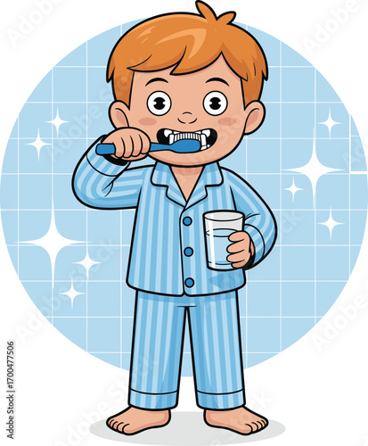 Happy cartoon boy brushing teeth, child in pajamas holding glass of water, healthy dental care routine, clean teeth smiling kid