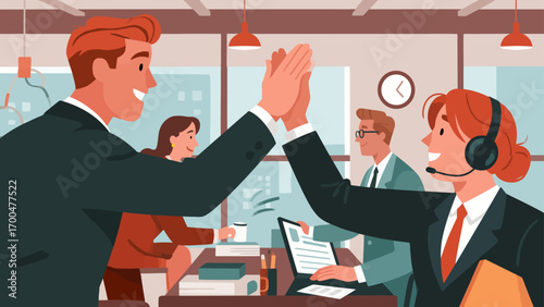 Business figures encourage each other, happily high-five, hand-drawn vector illustrations