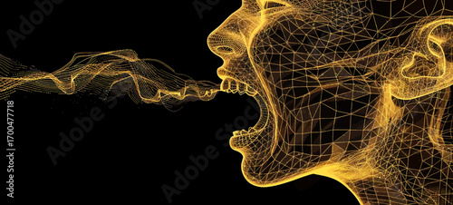 The image is a glowing wireframe of a woman's face