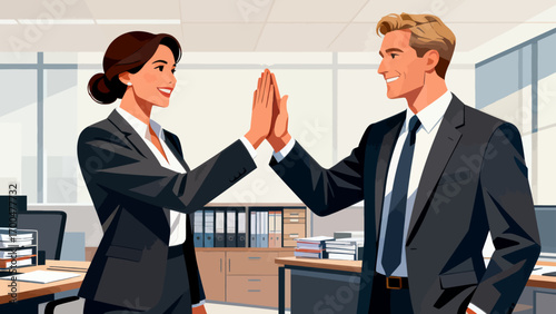 Business figures encourage each other, happily high-five, hand-drawn vector illustrations